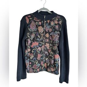 Vintage Christopher & Banks Brocade Floral Navy/Black Ribbed Zip Cardigan Sz Med